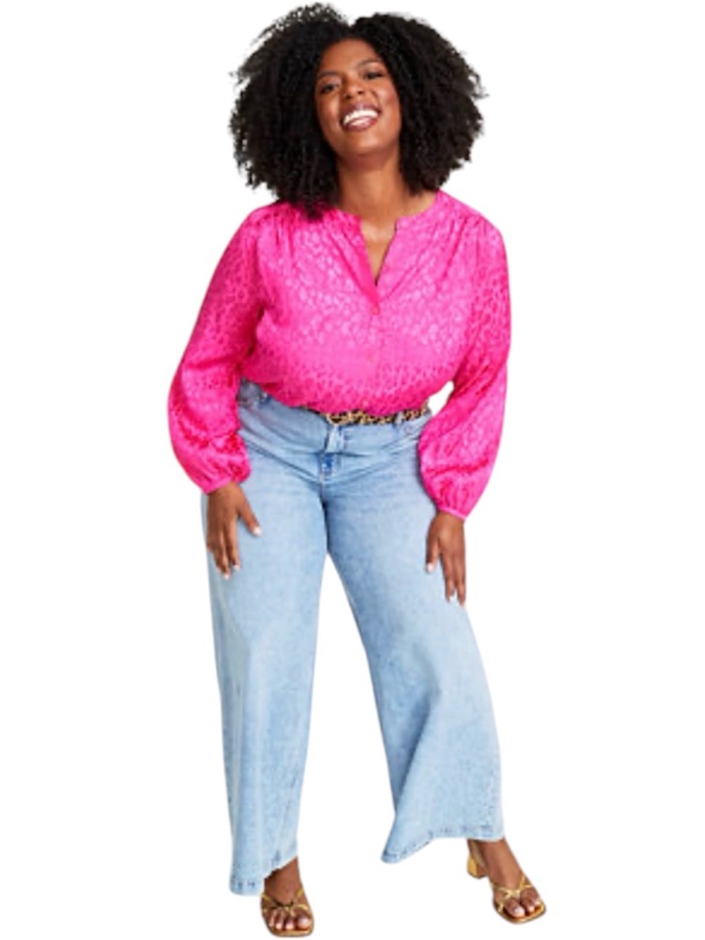 On 34th Hot Pink Animal-Silky Jacquard Button-Down Blouse w/Blouson Sleeves 1X